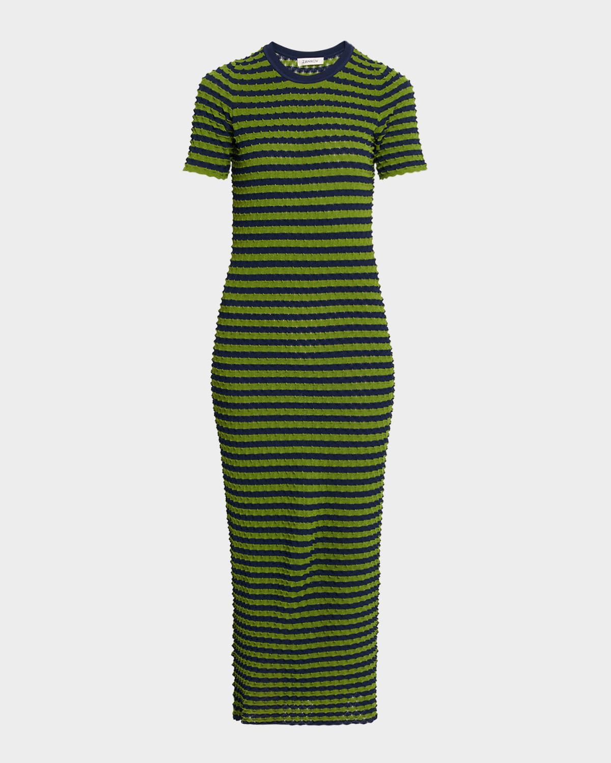 Striped Popcorn Knit Short-Sleeve Maxi Dress