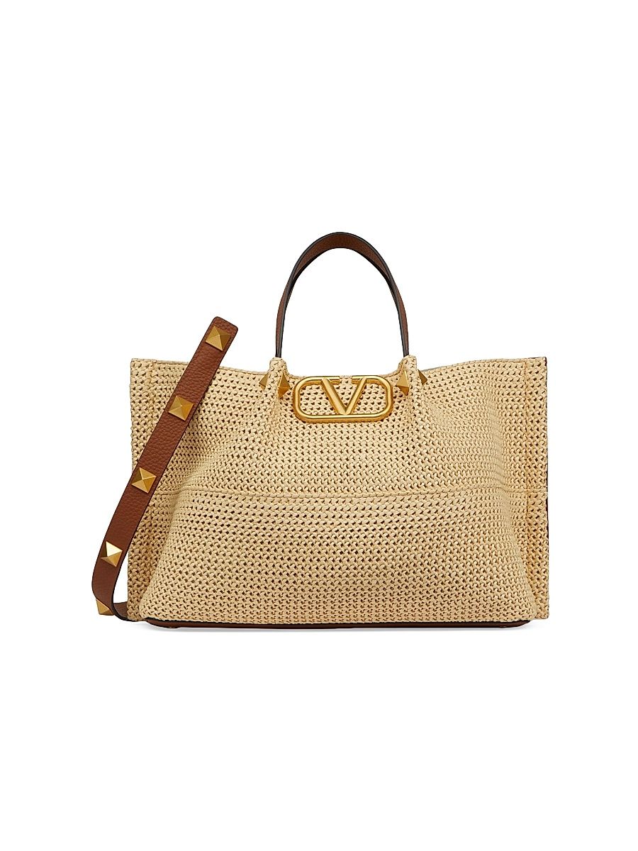 Women's Medium Straw Summer Tote Bag - Saddle Brown Natural