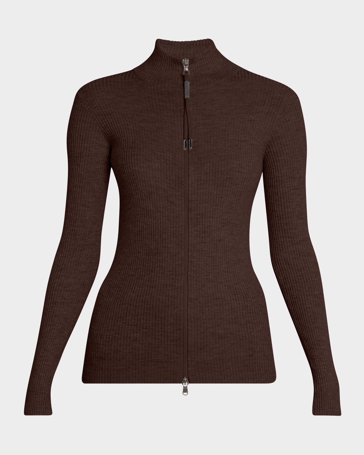 Ribbed Long-Sleeve Monili Zip-Up Top