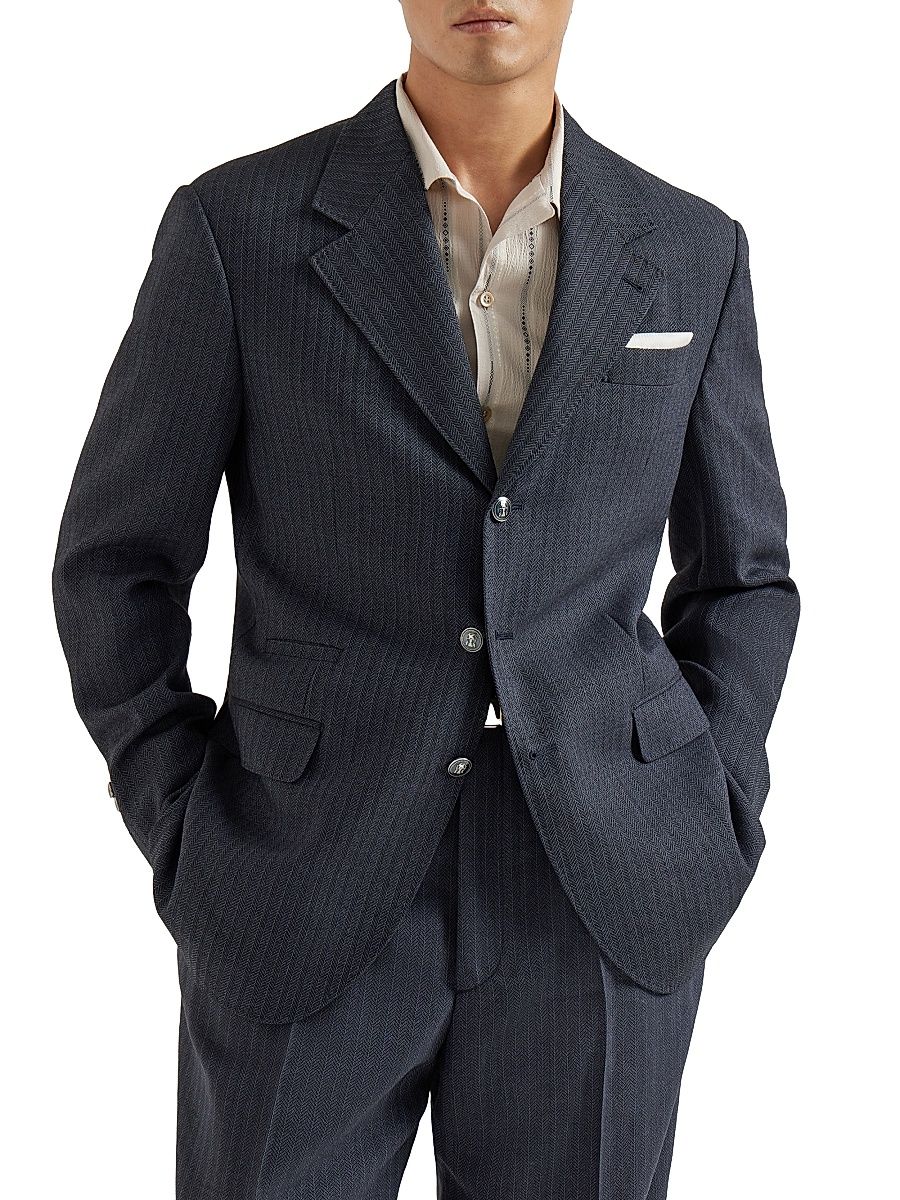 Men's Virgin Wool and Paper Fiber Chevron Tailor Blazer with Metal Buttons - Navy Blue - Size 48