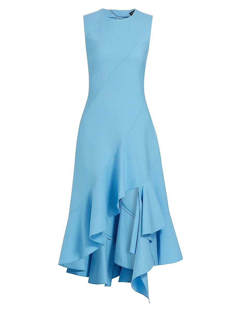 Women's Ruffled Stretch-Wool Midi-Dress - Pastel Blue - Size 12