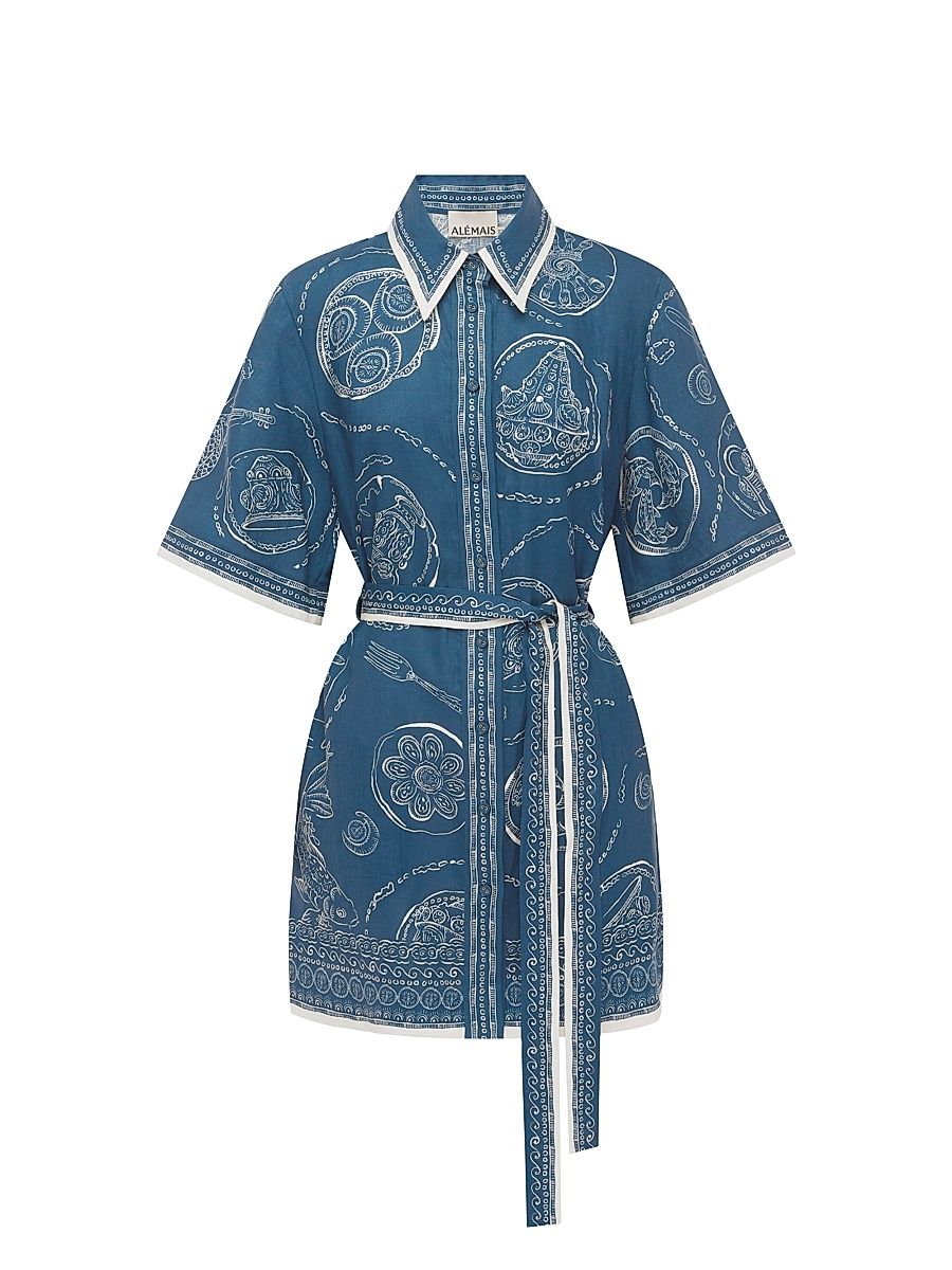 Women's Lucky Printed Linen Mini Dress - Blue - Size 4