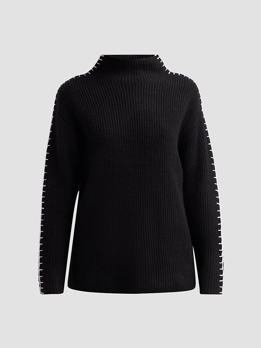Women's Rib-Knit Cashmere Whipstitched Sweater - Black Snow - Size XL