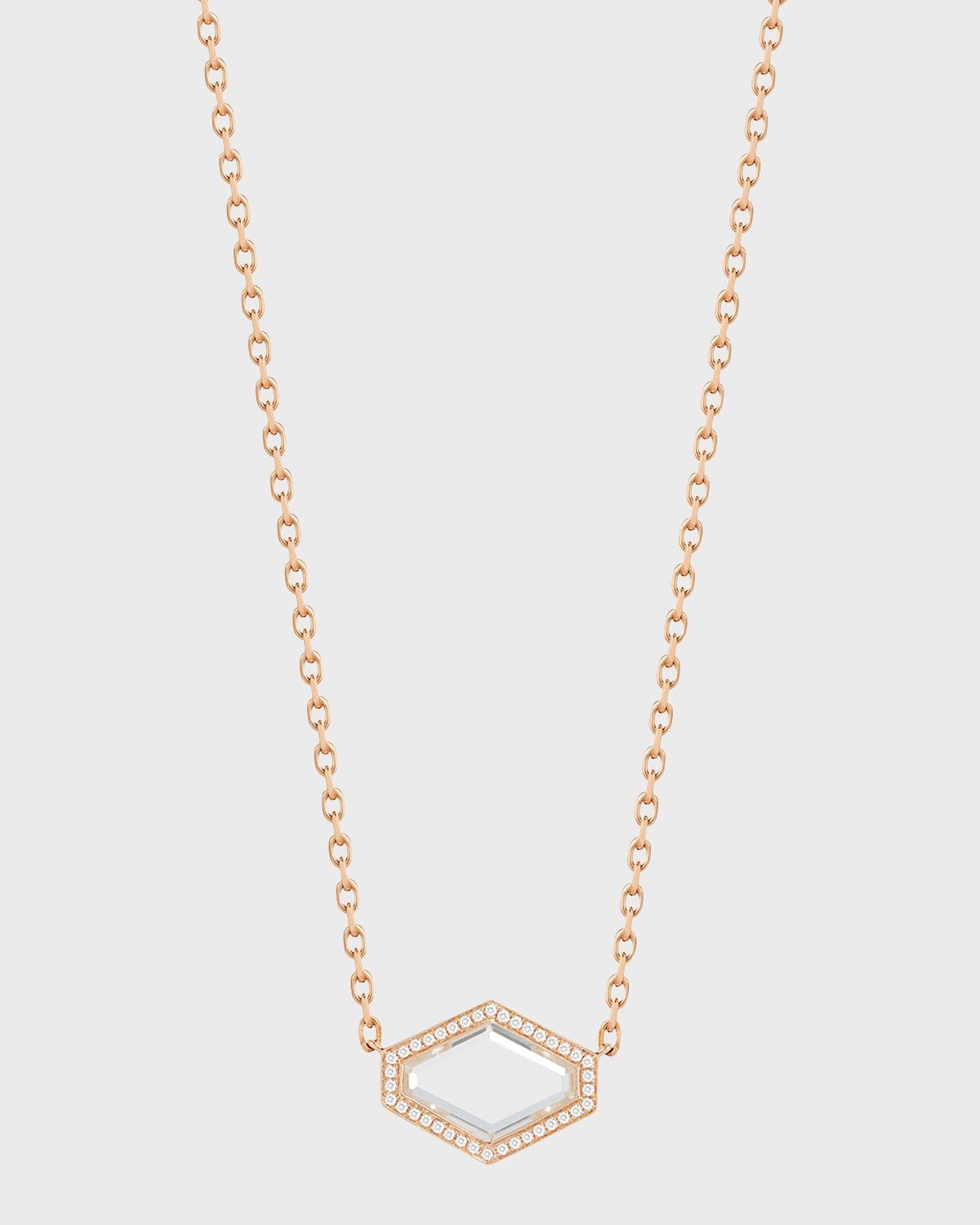 Bell Rose Gold Rock Crystal Hexagonal East-West Necklace with Diamond Border