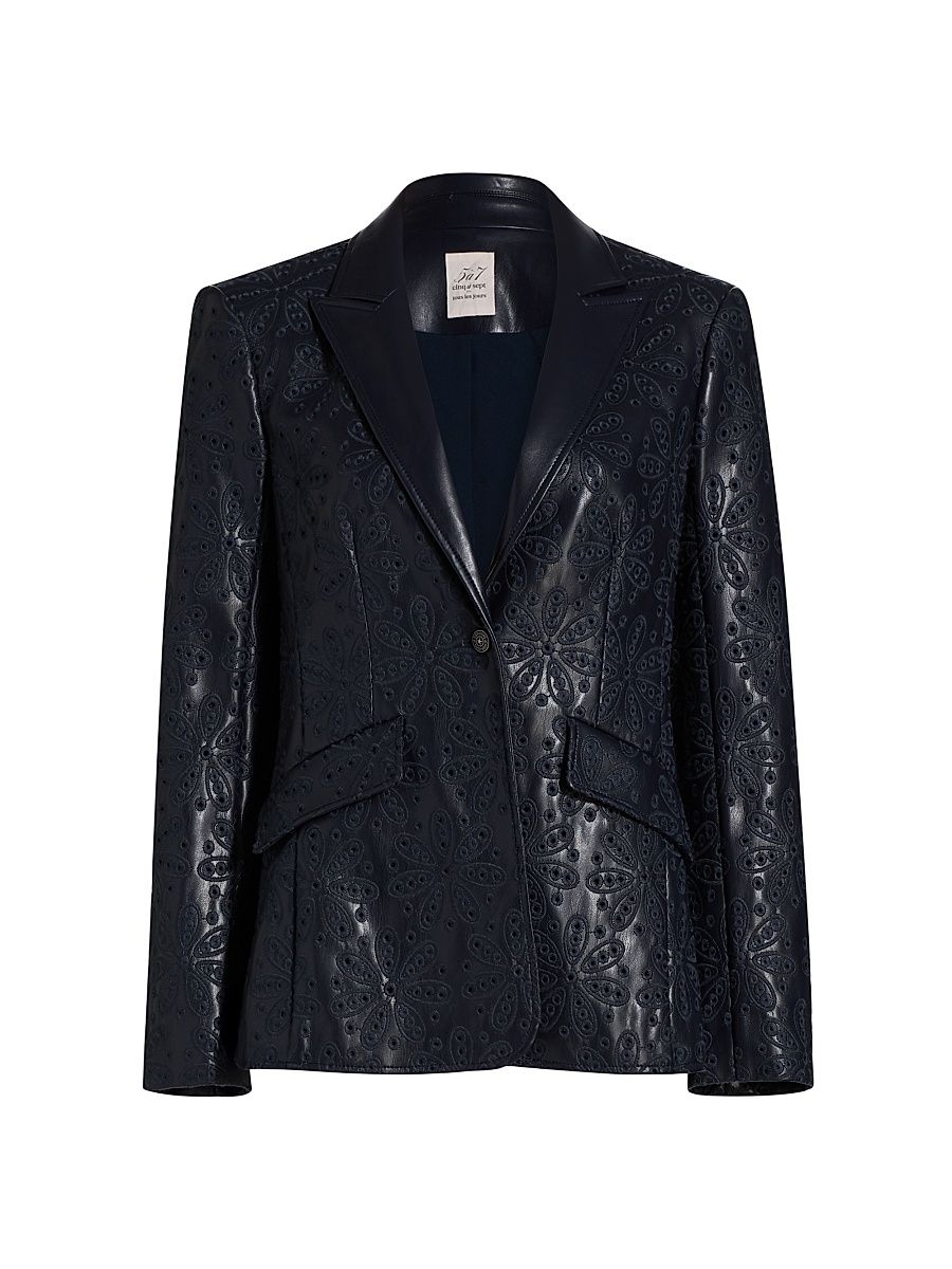 Women's Cheyenne Embroidered Faux Leather Blazer - Navy - Size 8