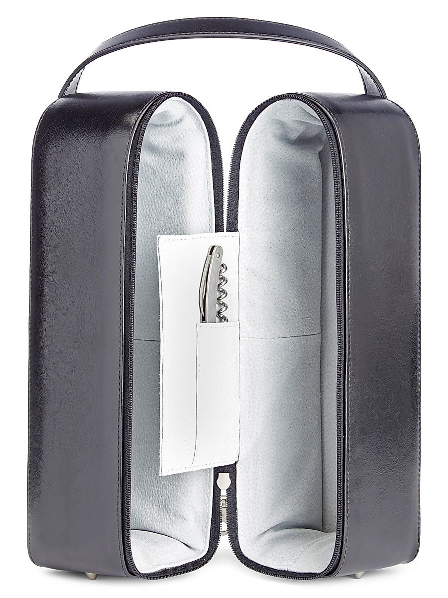 Suede-Lined Leather Double Wine Carrying Case - Black