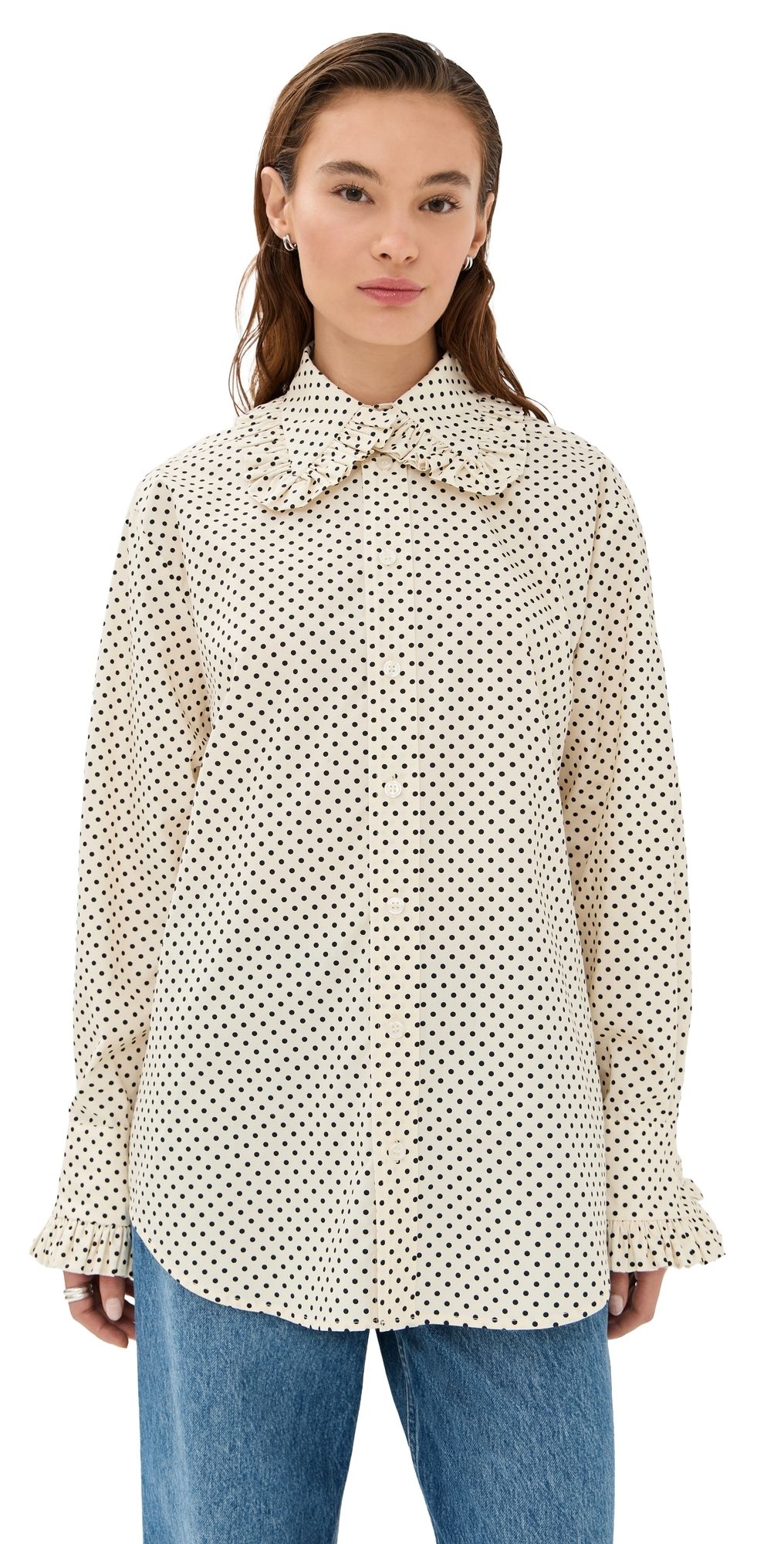 Tanner Fletcher Pippa Polka-Dot Ruffle Collar Button Down Shirt Ivory/Black Polka Dot 3