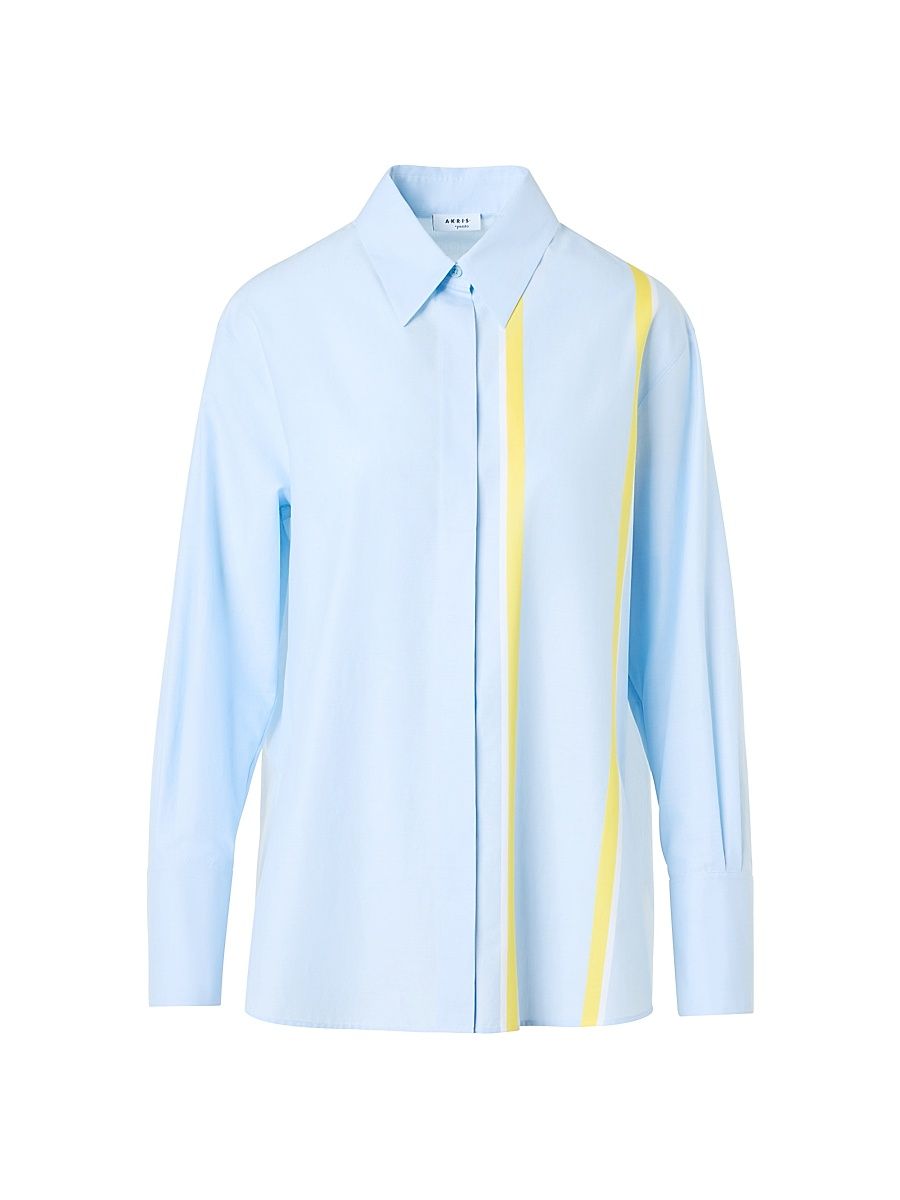 Women's Striped Cotton Button-Front Shirt - Sky Blue Lemon Zing Cream - Size 18