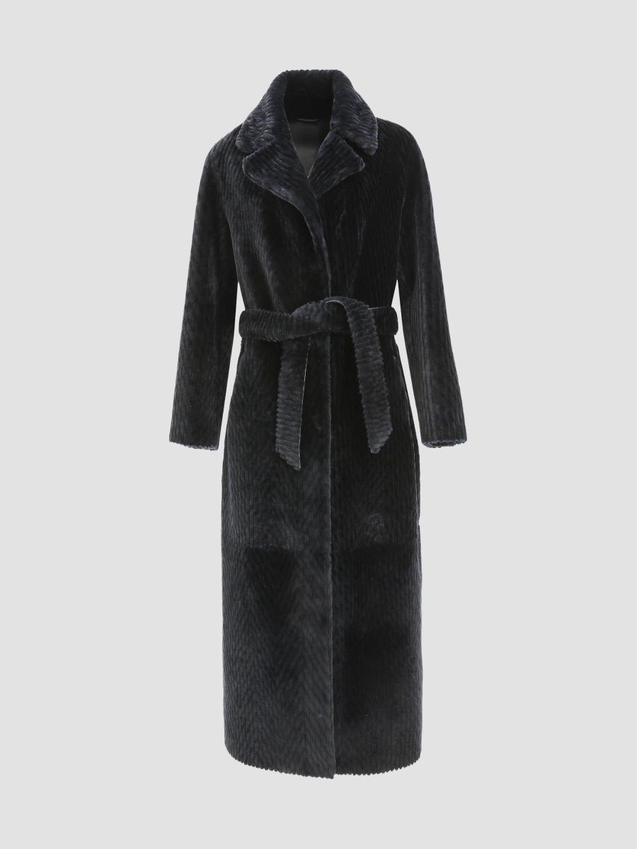 Gorski Women's Reversible Chevron Printed Grooved Shearling Lamb Coat, Belt - Navy - Size Medium