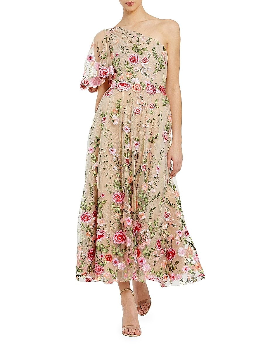 Women's Floral Embroidered One-Shoulder Midi-Dress - Pink Multi - Size 14