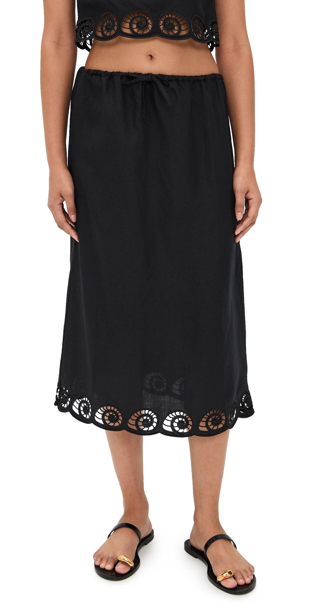 Onia Air Linen Scallop Midi Skirt Black M
