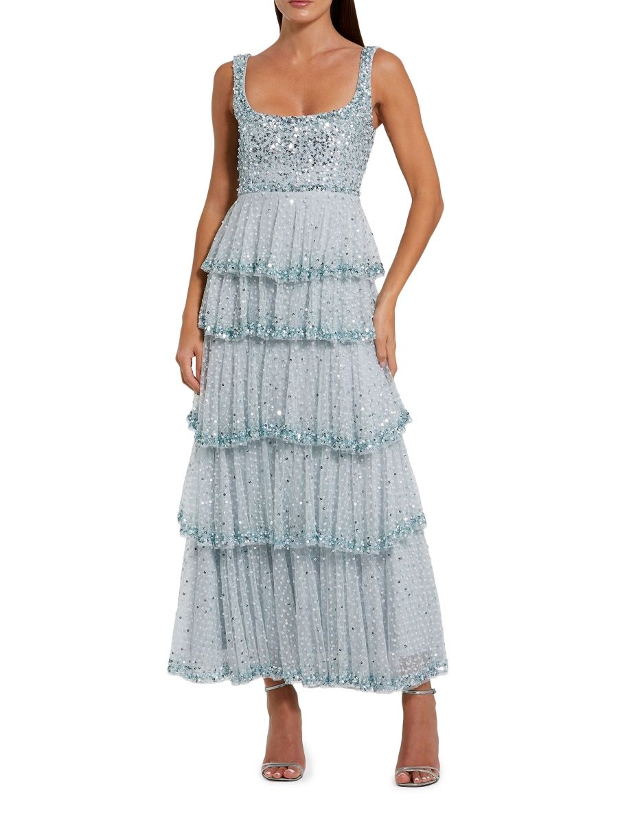Mac Duggal Women's Evening Sequined Tiered Gown - Powder Blue - Size 8