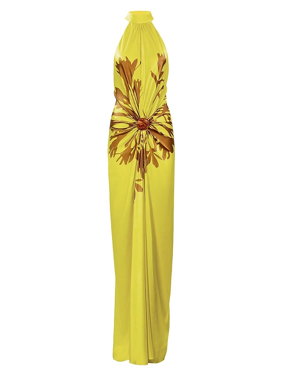 Women's Koori Dandelion Print Silk Gown - Yellow Dandelion - Size XL