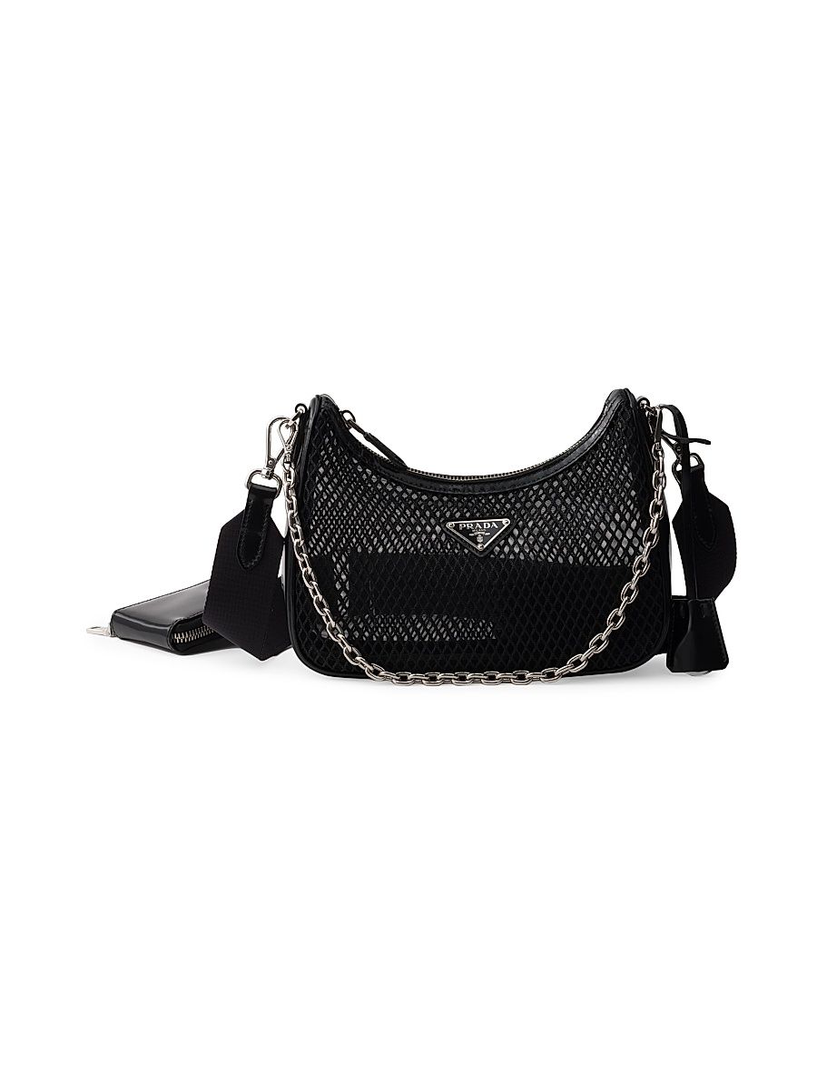 Women's Re-Edition 2005 Mesh and Brushed Leather Shoulder Bag - Black