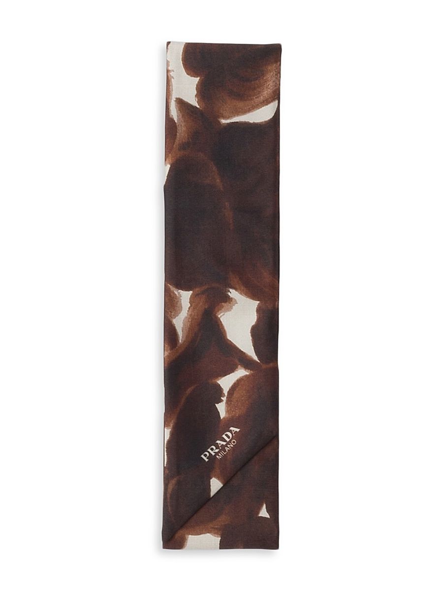Women's Skinny Printed Silk Shantung Rectangular Scarf - Brown