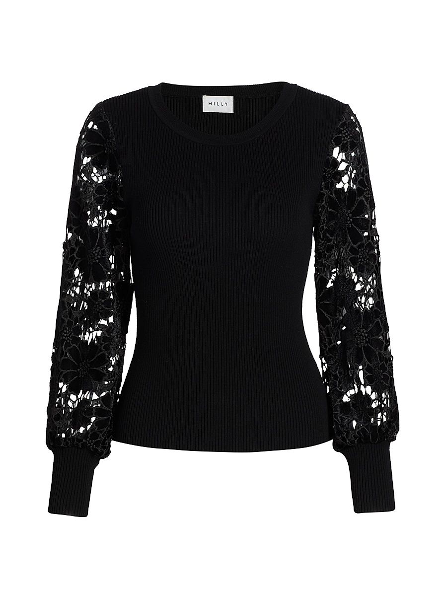 Women's Velvet Lace-Sleeve Rib-Knit Sweater - Black - Size Medium