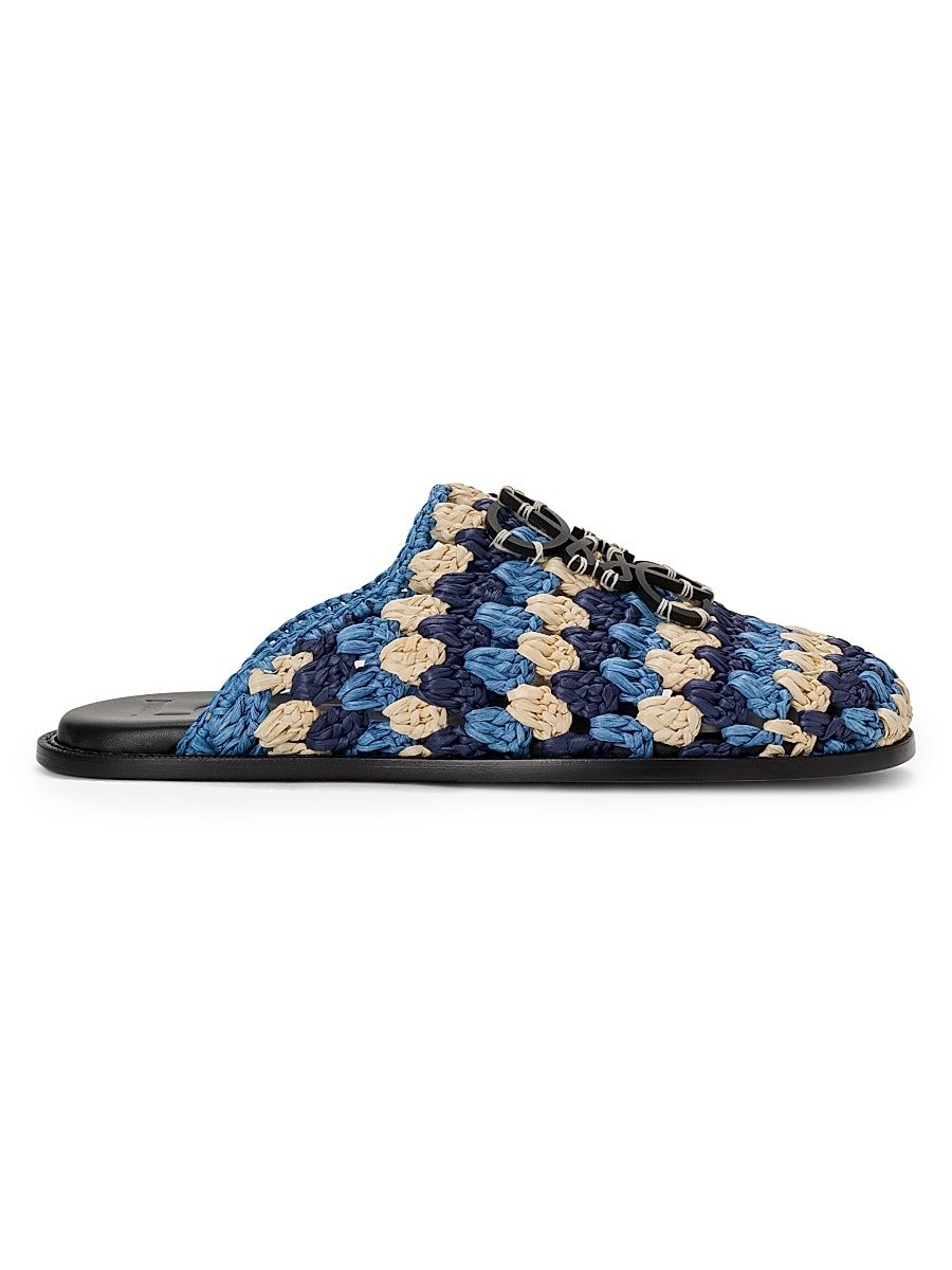 Men's LOEWE x Paula's Ibiza Flex Crochet-Raffia Anagram Mules - Navy Sky Blue - Size 9