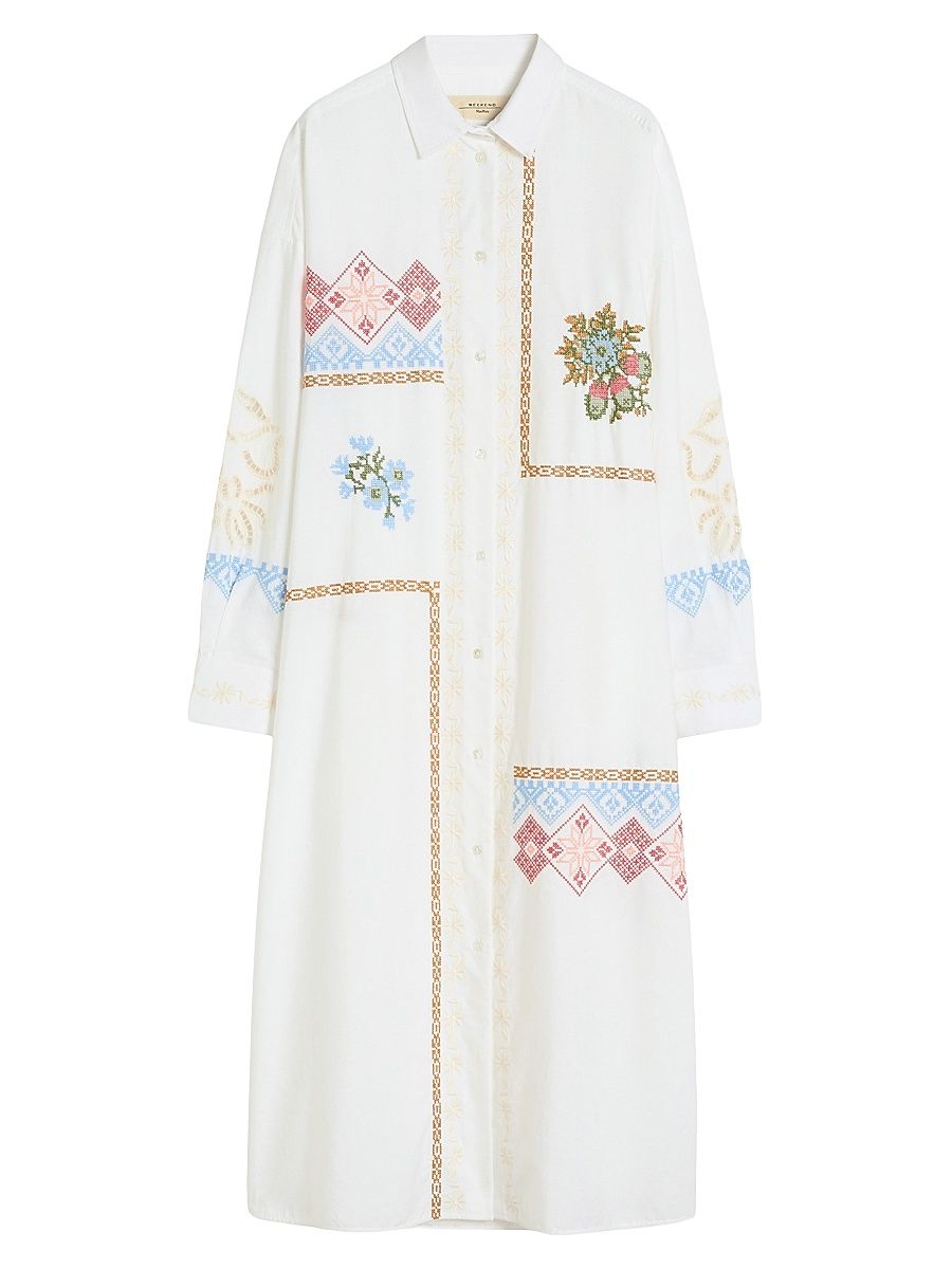 Women's Poplin Shirt Dress with Embroideries - White - Size 16