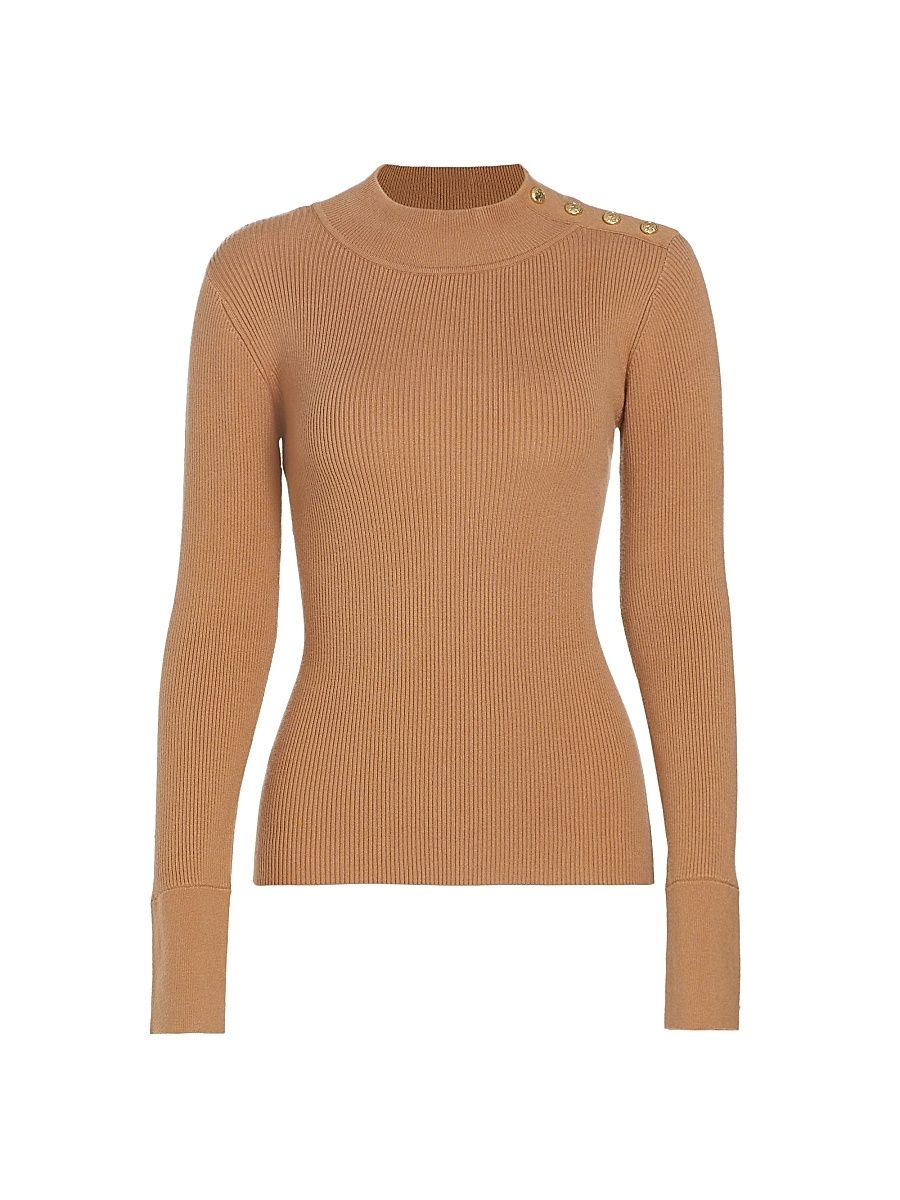 Women's Naya Button-Detailed Rib-Knit Sweater - Saddle - Size XL