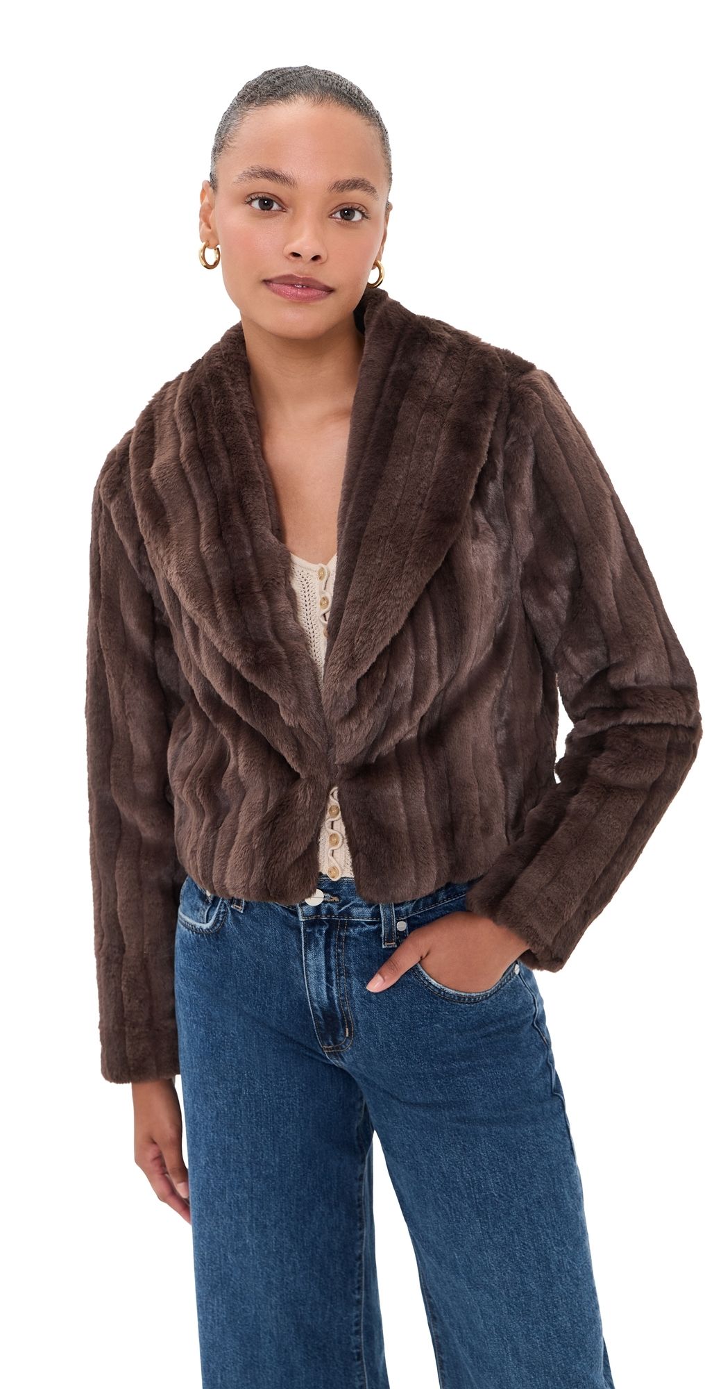 L'AGENCE Davy Crop Faux Fur Jacket Dark Java Striped Fur 10