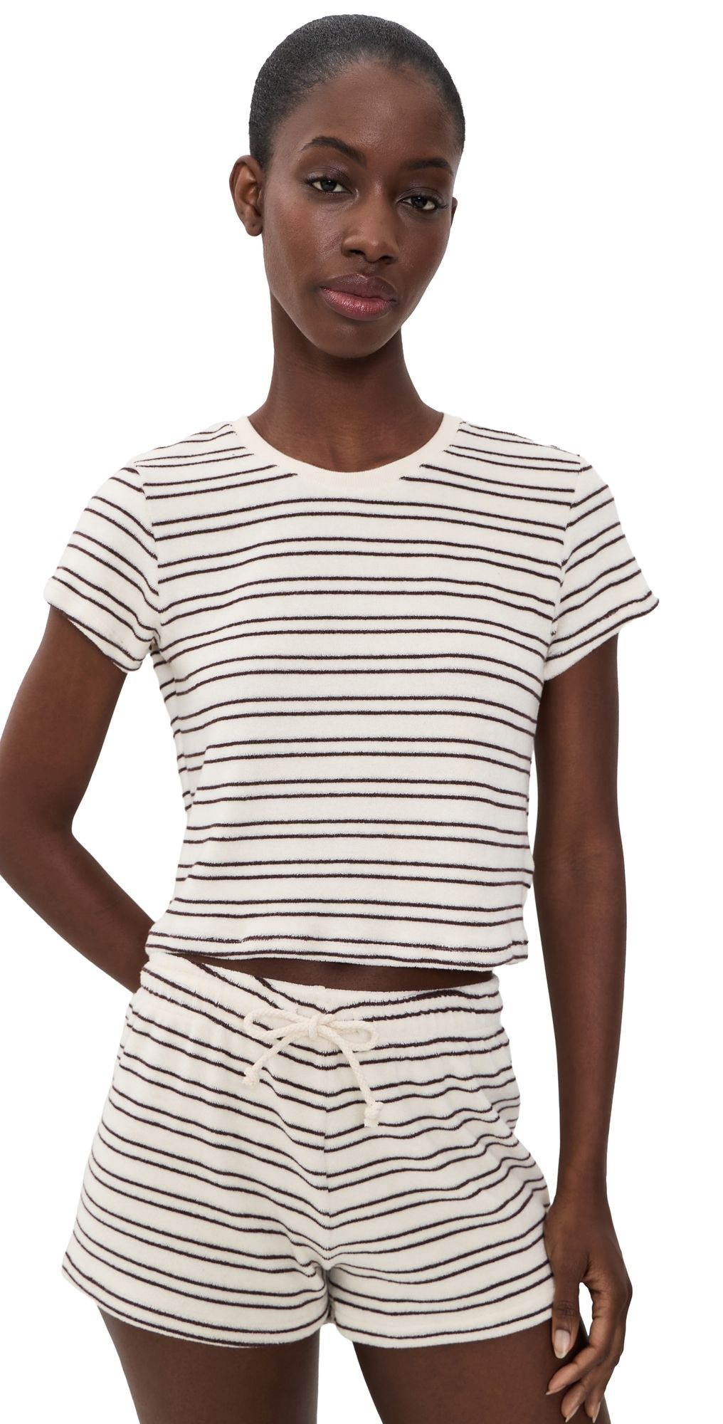 perfectwhitetee Eve Loop Terry Stripe Short Sleeve Shirt Natural/Chocolate Stripe XL