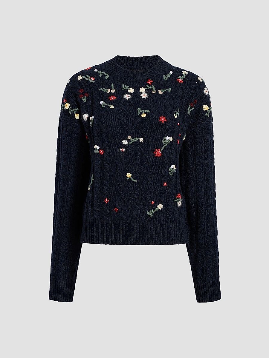 Khaite Women's Elias Embroidered Cashmere Crewneck Sweater - Deep Navy - Size Large
