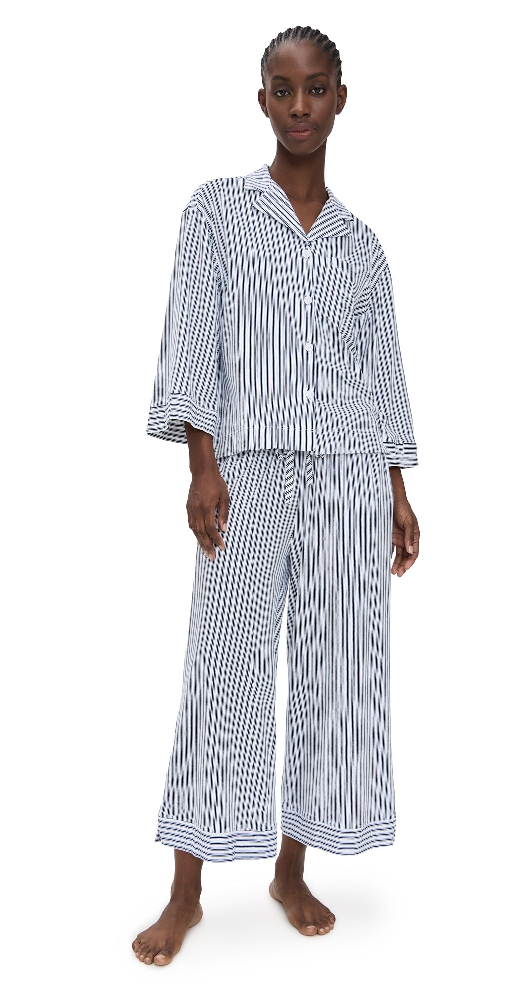 Petite Plume Luxe Pima French Ticking Wide Leg Pajama Set Navy M