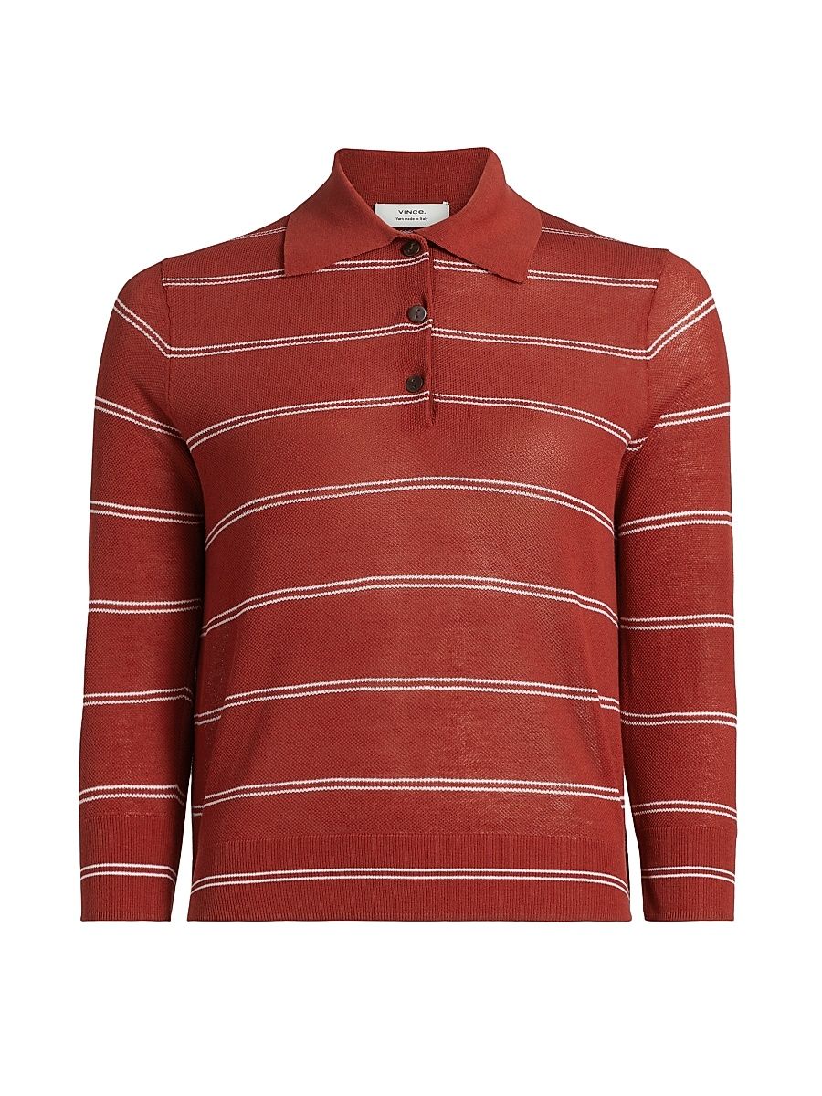 Women's Striped Pique Cotton Polo Tee - Brick Rose Off White - Size XXS