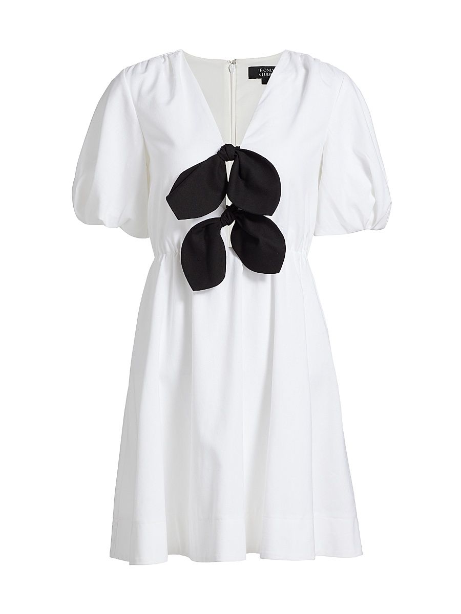 Women's Bow-Front Puff-Sleeve Minidress - White Black - Size 12