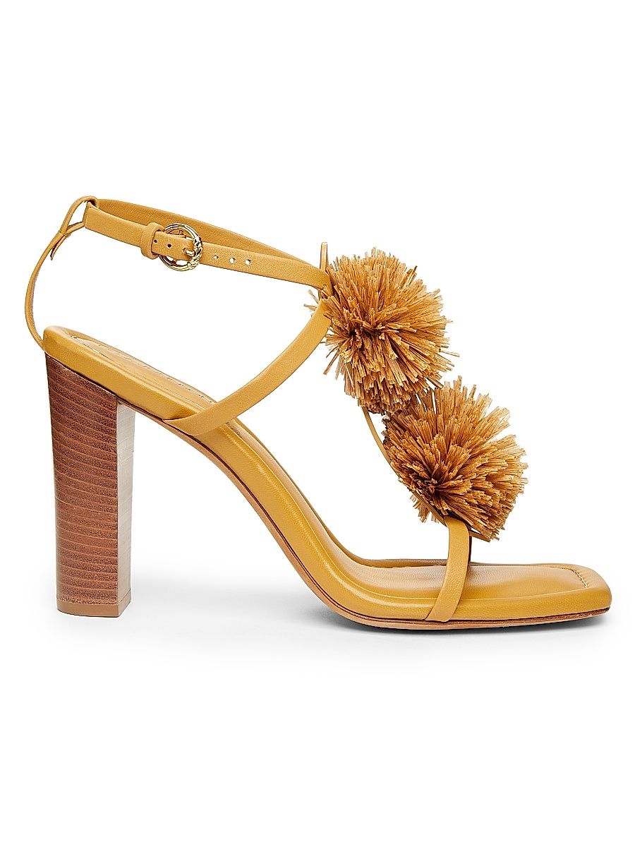 Women's Isolde High Heel 95MM Pom-Pom Leather & Raffia Sandals - Beige - Size 9.5