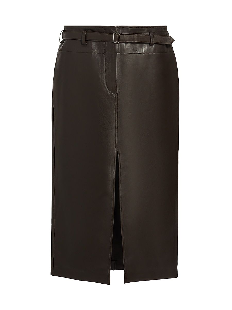 Women's Leather Belted Pencil Skirt - Chocolate - Size 6