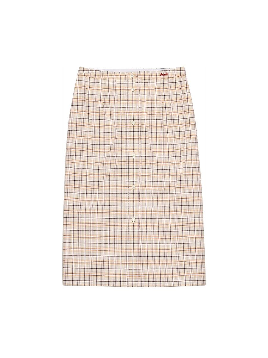 Women's Checked Cotton Poplin Pencil Skirt - Beige Khaki - Size 12