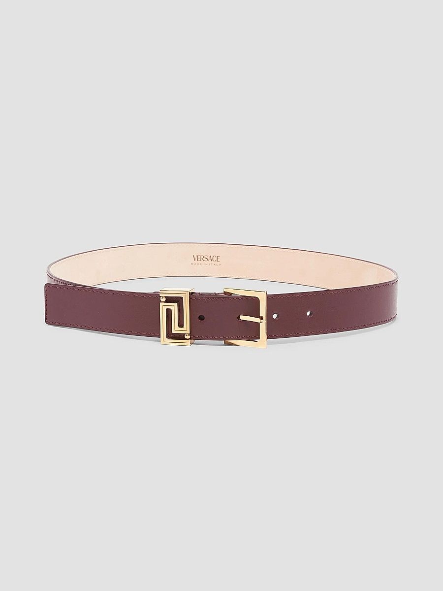 Versace Women's Leather Greek Key Logo Belt - Dark Burgundy Versace Gold - Size Small
