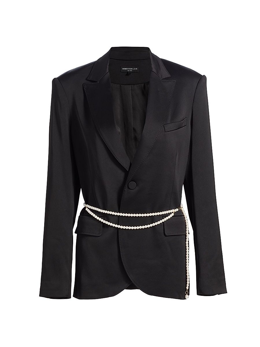 Women's Martina Stretch Satin Belted Blazer - Black - Size Medium