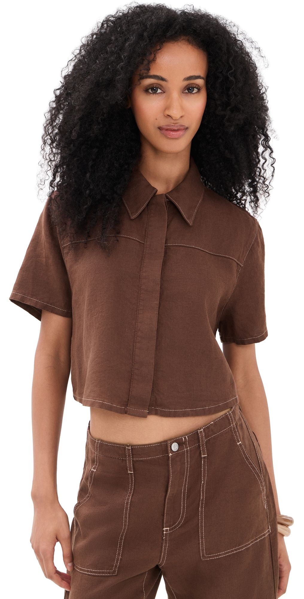 LE JEAN Linen Short Sleeve Swing Shirt Cocoa XS
