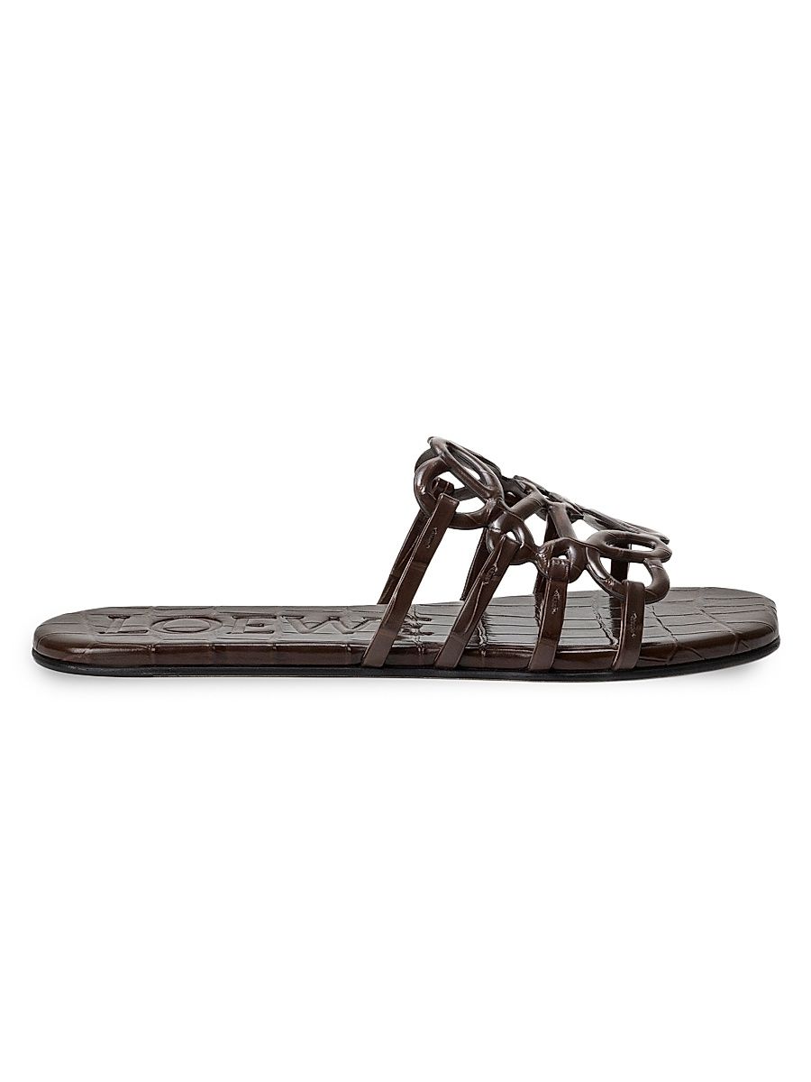 Women's Petal Anagram Croc-Embossed Leather Slides - Dark Brown - Size 10 Sandals