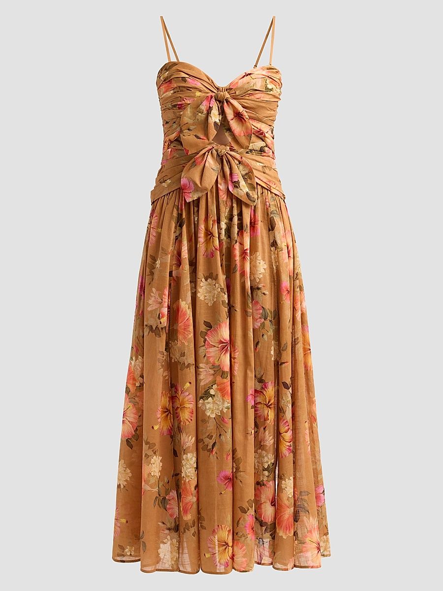 Women's Mahon Floral Tie-Front Midi Dress - Tan Hibiscus - Size 10