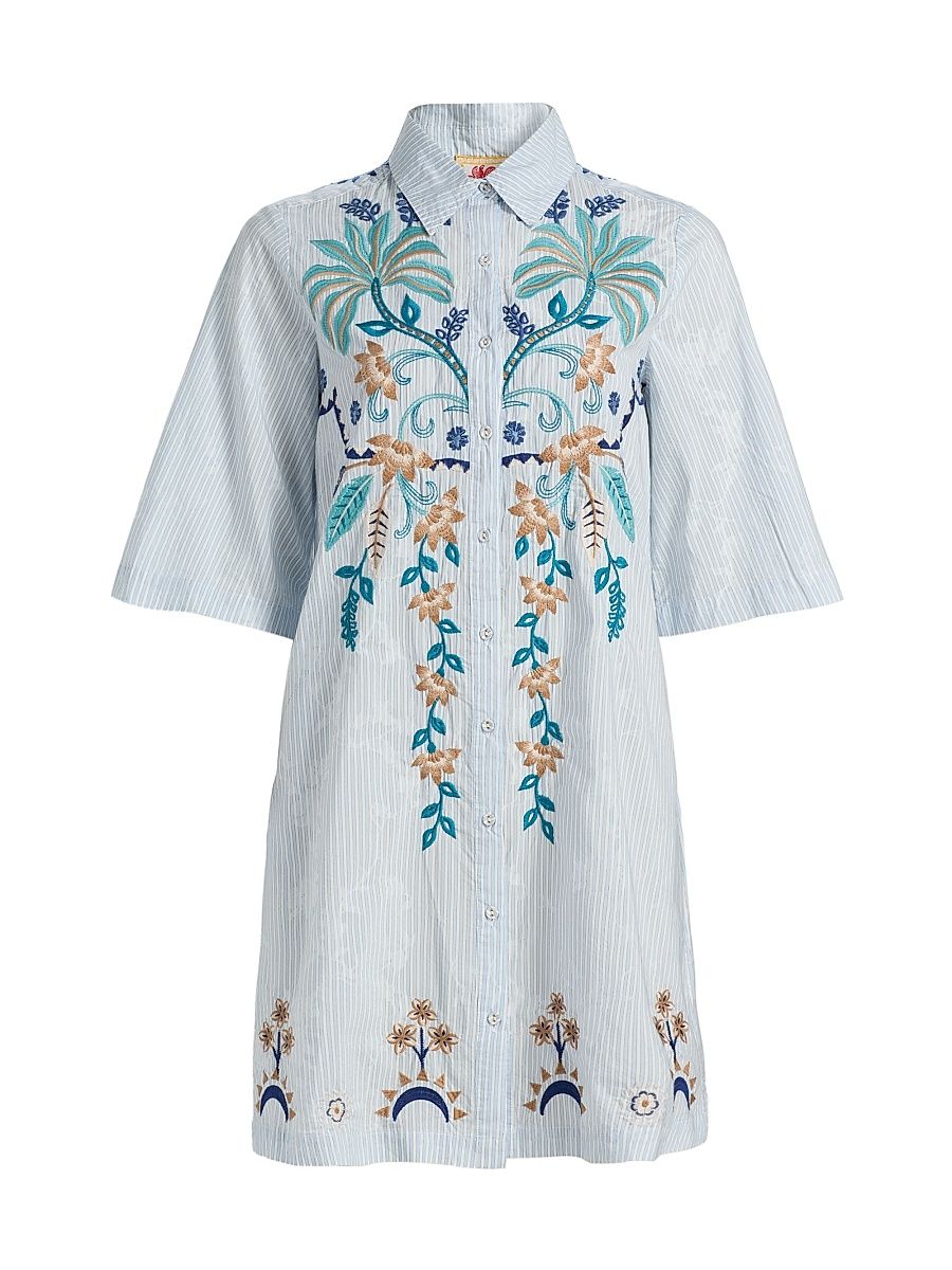 Women's Una Embroidered Striped Cotton-Blend Mini Shirtdress - Isara Stripe - Size XL