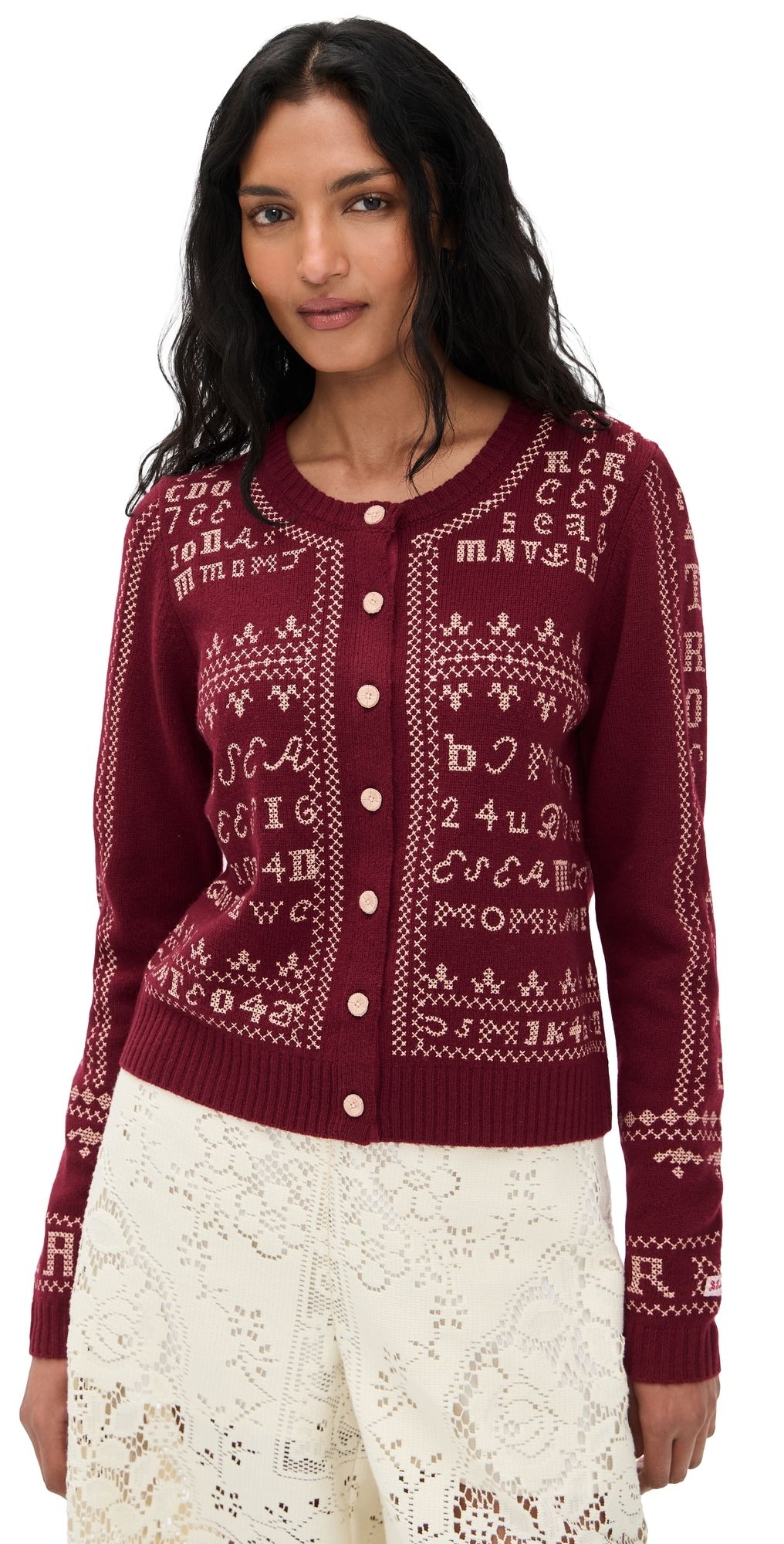 Sea Kit Embroidery Cardigan Burgundy S