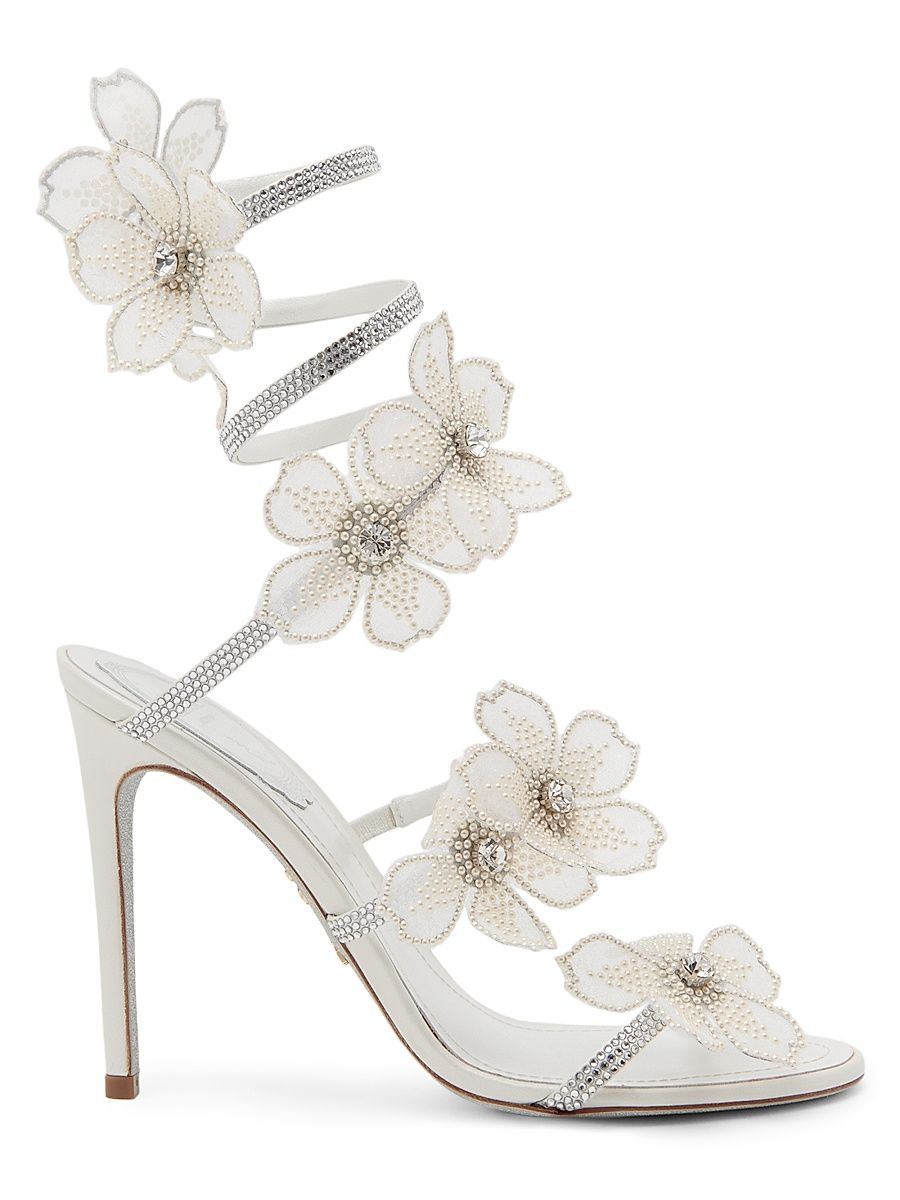 Women's Cleo 105MM Crystal-Embellished Floral Satin Sandals - Ivory Satin Crystal Cream - Size 9