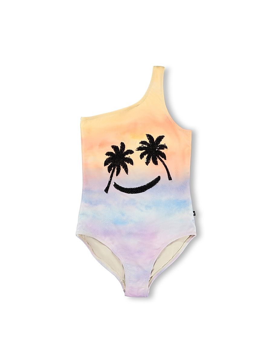 Little Girl's & Girl's Sunet Sequined Palm One-Shoulder Swimsuit - Sunset Smile - Size 12