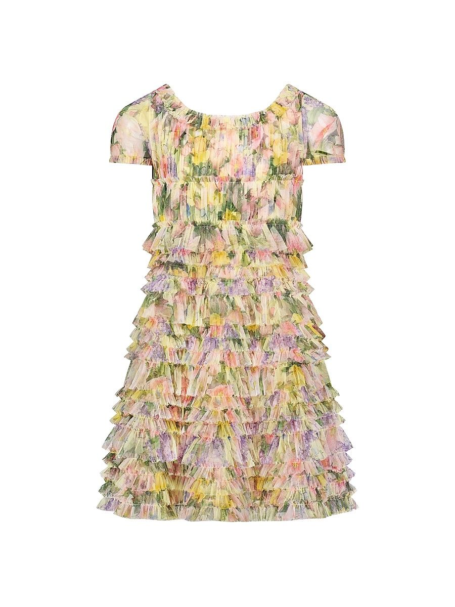 Little Girl's & Girl's Floral Mesh Ruffle Dress - Yellow Multi - Size 14
