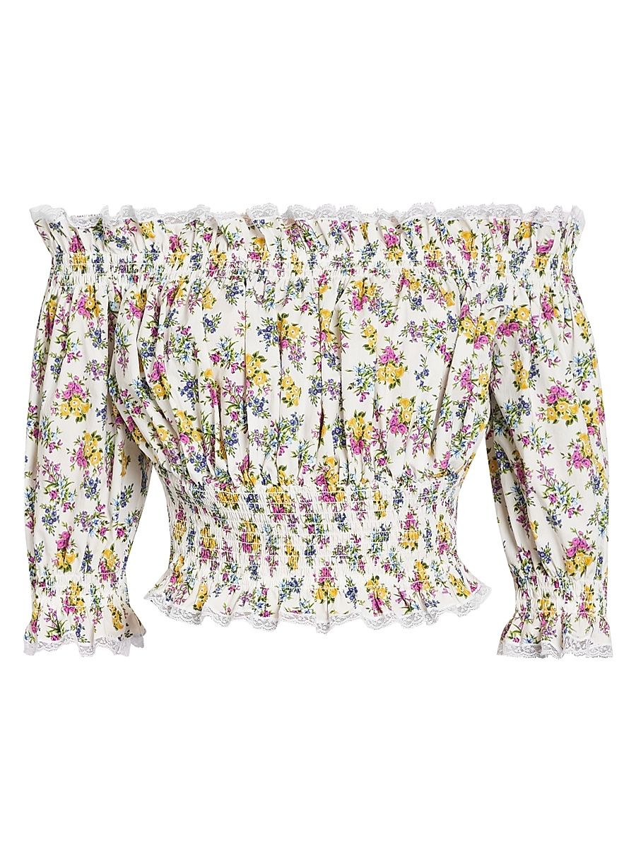 Women's Lace-Trim Floral Off-The-Shoulder Crop Blouse - Fiorellini F Bco - Size 12