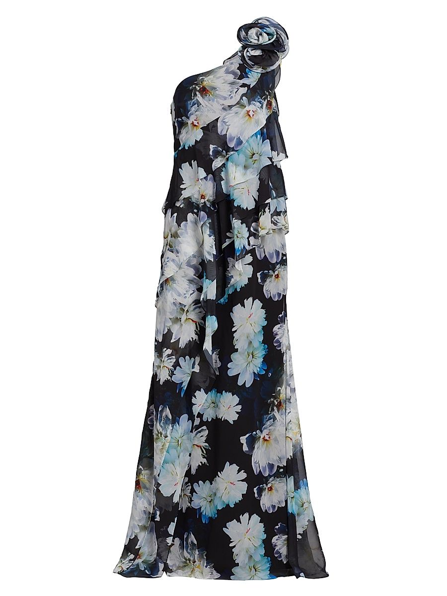 Women's Floral Ruffle Chiffon One-Shoulder Gown - Black Multi - Size 14