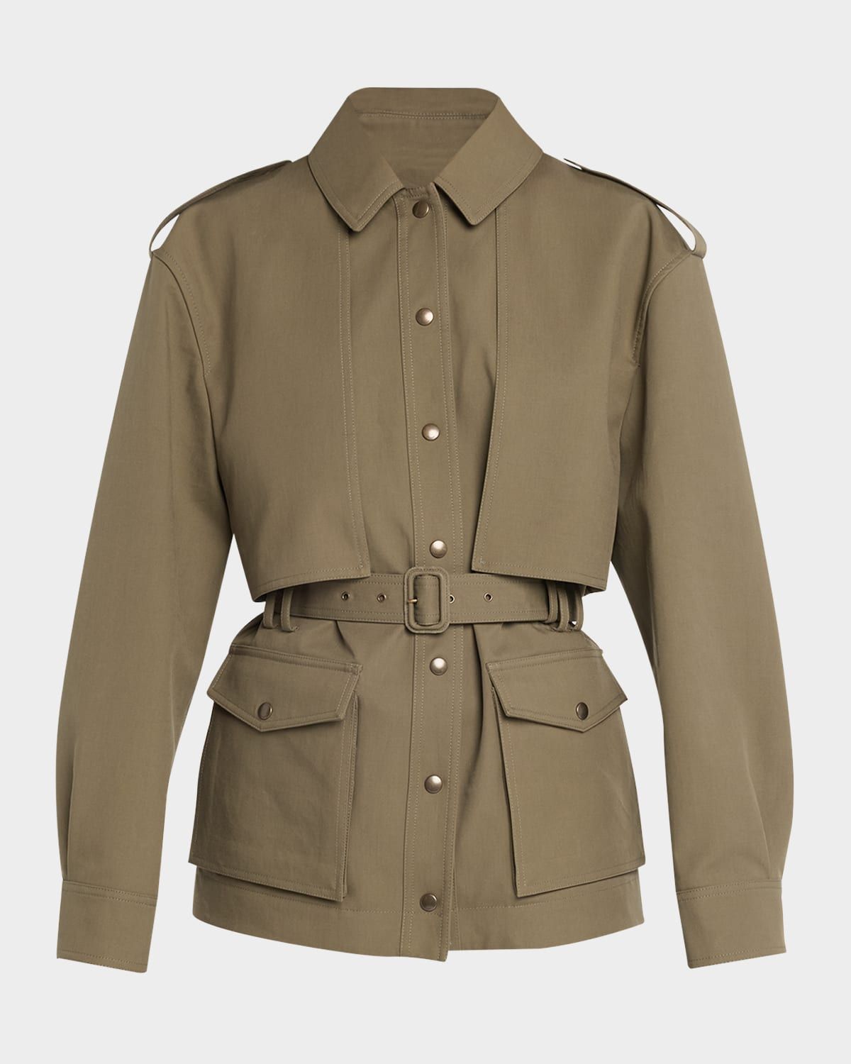Belted Long-Sleeve Button-Down Jacket