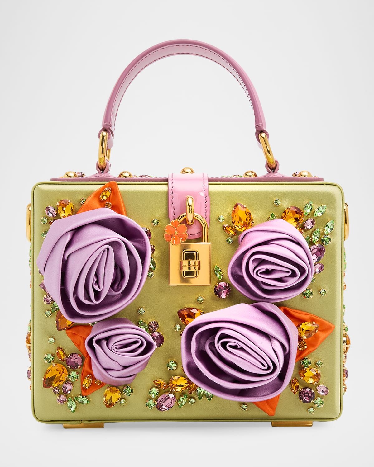 Crystal & Rosette Satin Box Top-Handle Bag