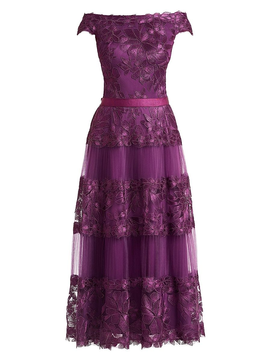 Women's Floral Embroidered Off-The-Shoulder A-Line Dress - Begonia - Size 0