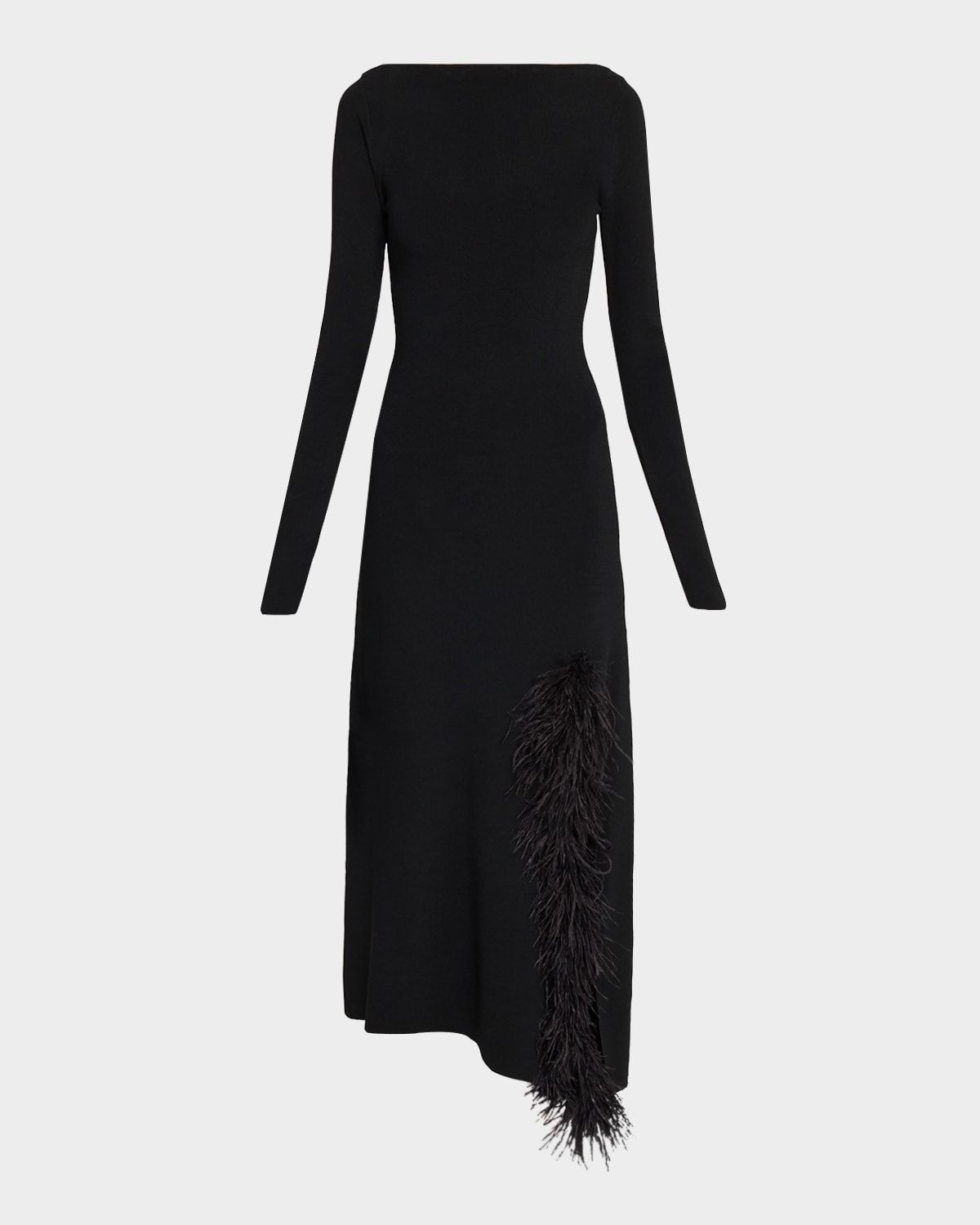 Feather-Trim Long-Sleeve Matte Viscose Midi Dress