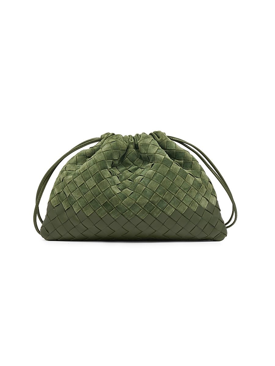 Women's Intrecciato Suede Drawstring Pouch - Green Tweed Gold