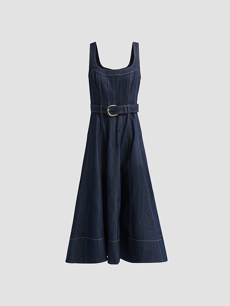 Women's Cambree Denim Fit & Flare Belted Midi-Dress - Indigo - Size 14